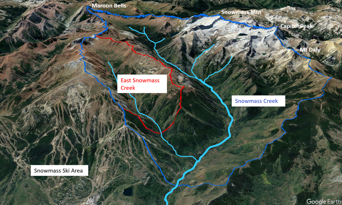 Google Earth image of watersheds that provide the source waters for Snowmass Village including Snowmass Creek, East Snowmass Creek, Snowmass Ski Area and several surrounding peaks including Maroon Bells, Snowmass Mountain, Capitol Peak and Mt. Daly.